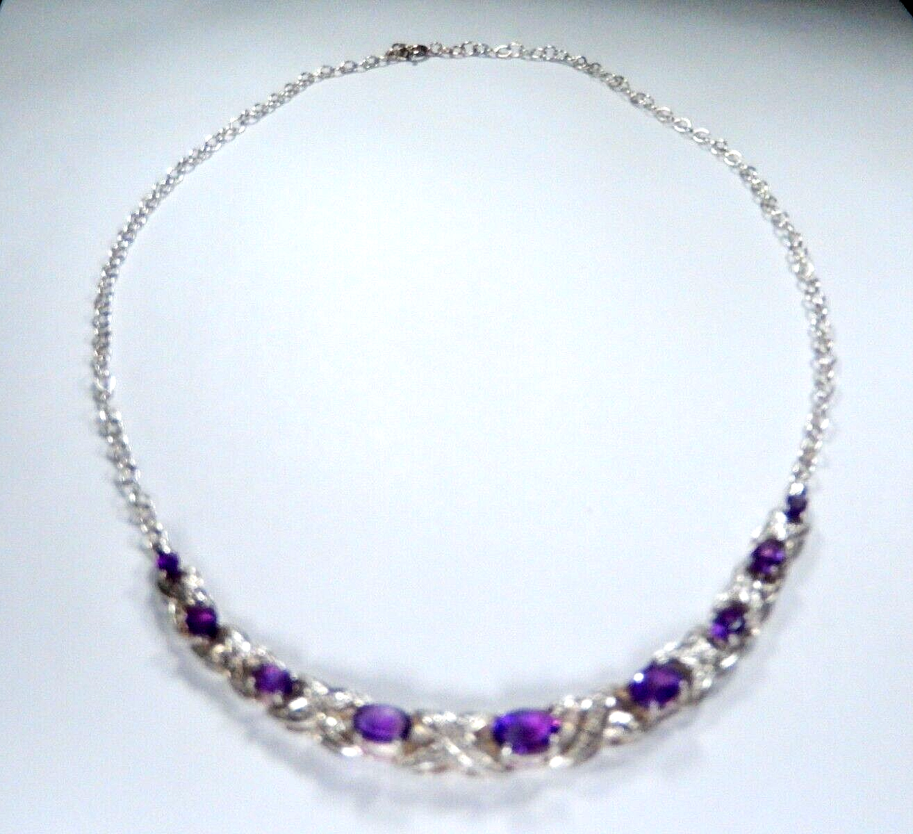 VINTAGE - Sterling Silver Amethyst and Diamond Statement Necklace 15" - 18"