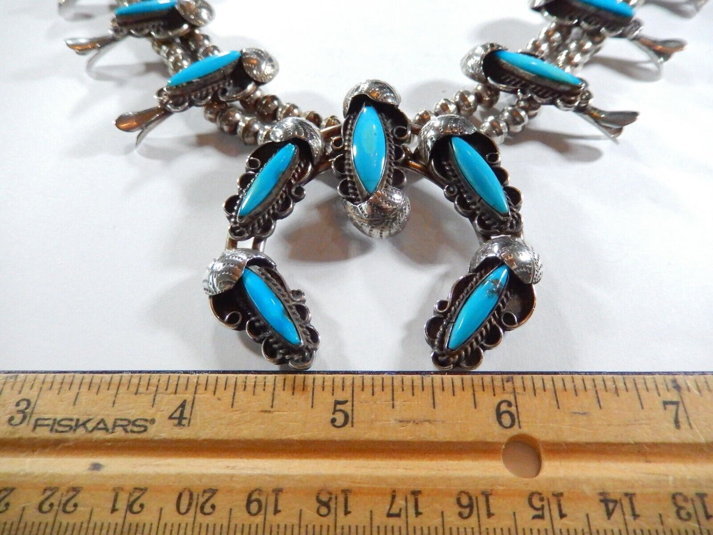 VINTAGE  Native American Turquoise Squash Blossom Necklace Sterling Silver 18