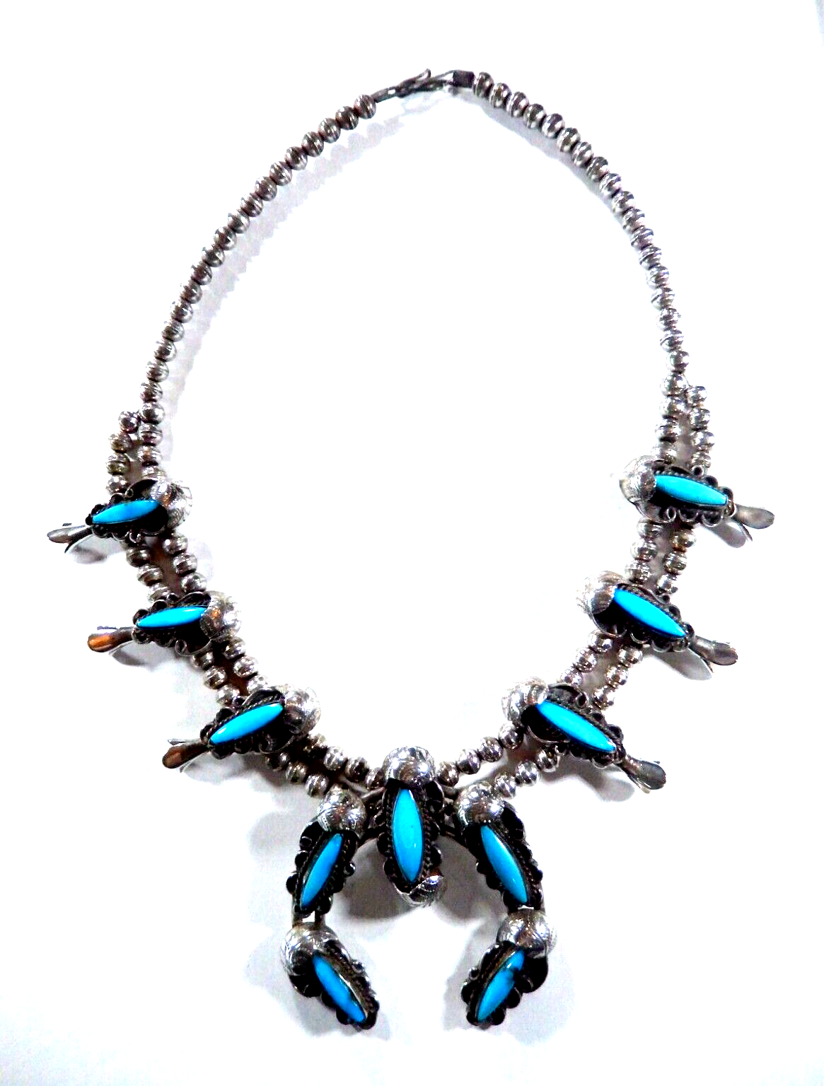 VINTAGE  Native American Turquoise Squash Blossom Necklace Sterling Silver 18
