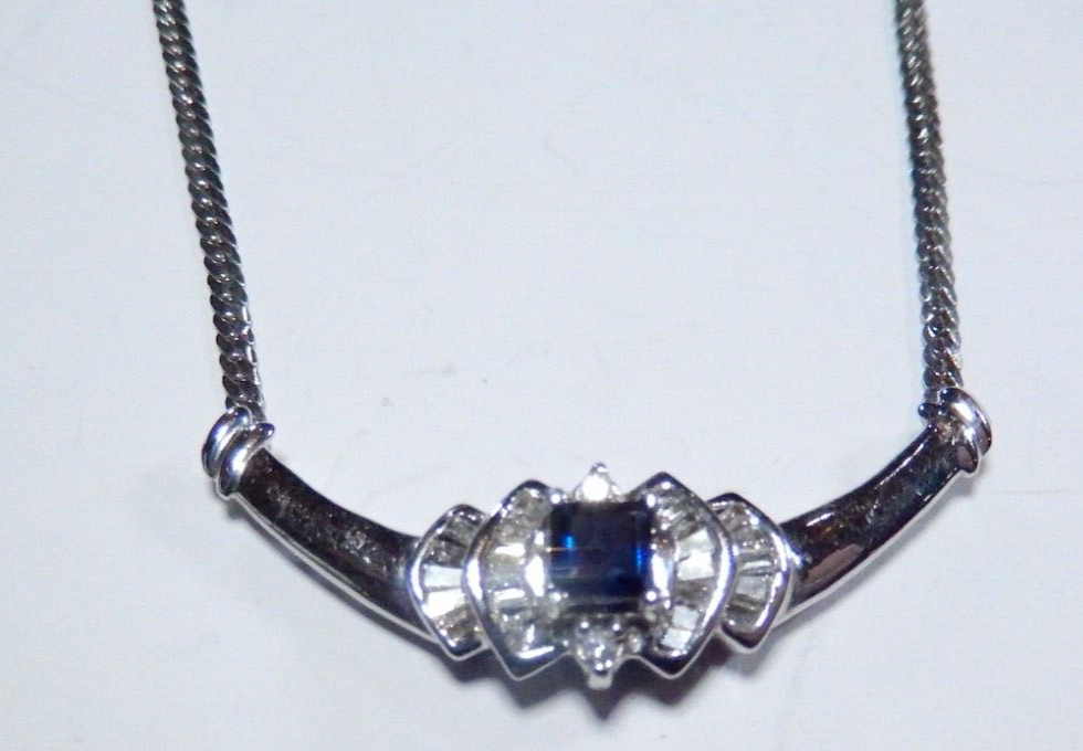 VINTAGE  14K White Gold Blue Sapphire and Diamond Halo Necklace 175