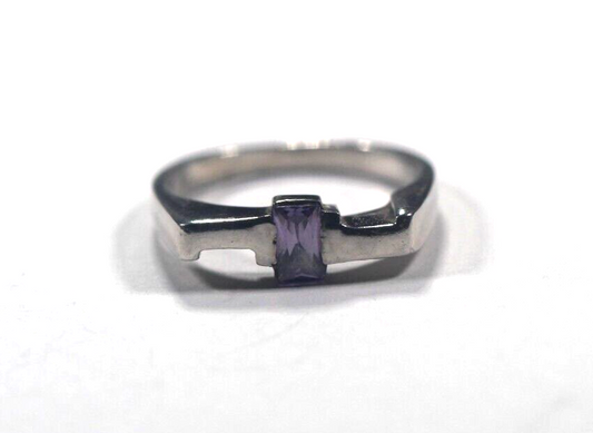 925 Sterling Silver Vintage Real Emerald-Cut Amethyst Size 6