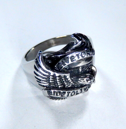 Stainless Steel Biker Eagle 'Live to Ride - Ride to Live' Ring 10
