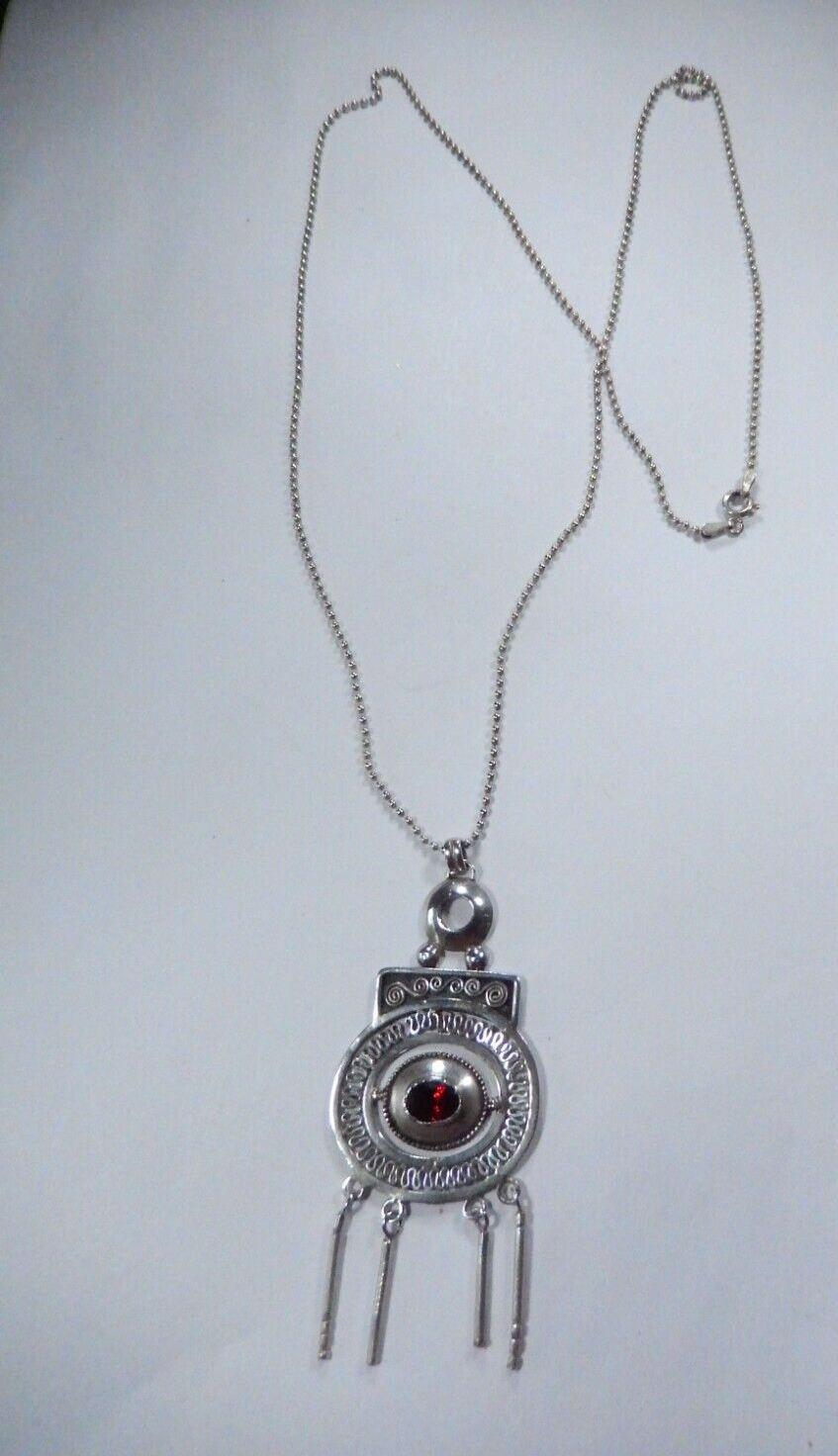 *VINTAGE* Sterling Silver Boho Art Deco 90s Garnet Pendant w/Bead-Ball 24"Chain