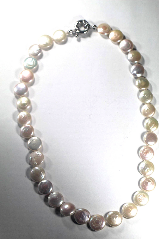 12 mm White Button Pearl Necklace Freshwater Pearls Large Silver Clasp 16"