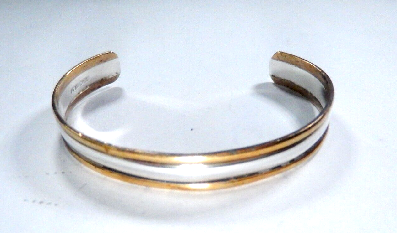 *VINTAGE*  MEXICO 925 Sterling Silver Brass Rim Cuff Bracelet 7/16" Wide - 14.8G
