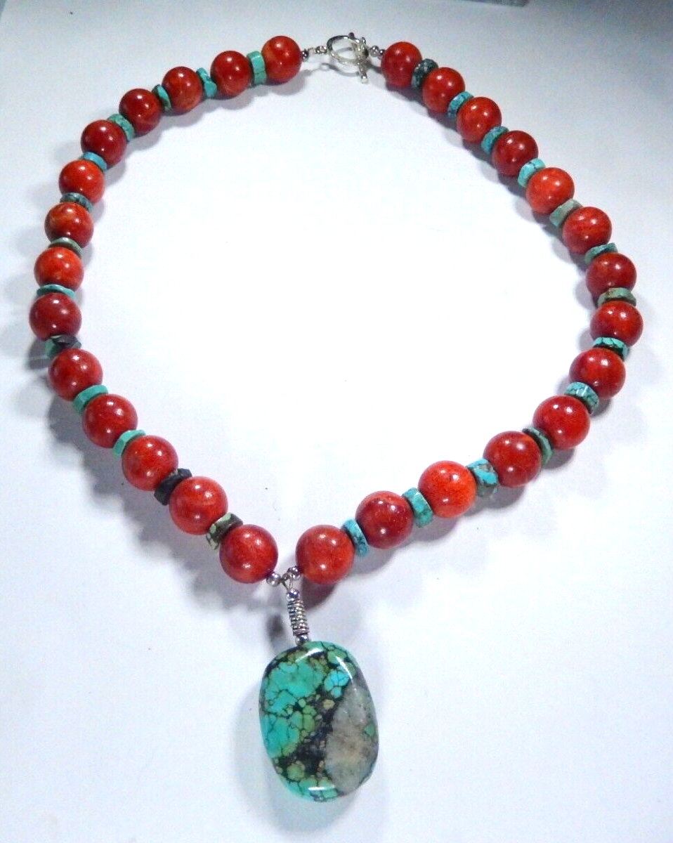 *VINTAGE*  Wooden and Turquoise Beaded Necklace 18" with Sterling Toggle Clasp