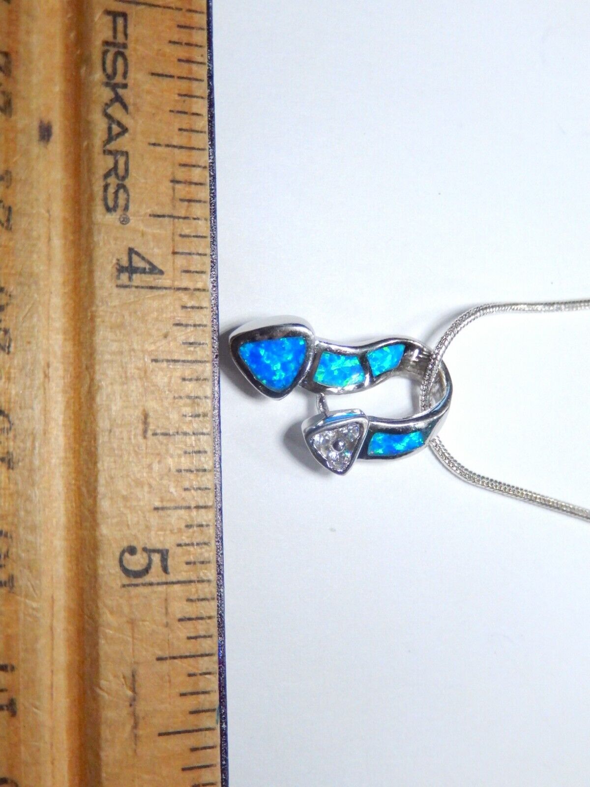 Blue Inlay Fire Opal & CZ Sterling Silver Pendant W /16" Smooth Snake Chain