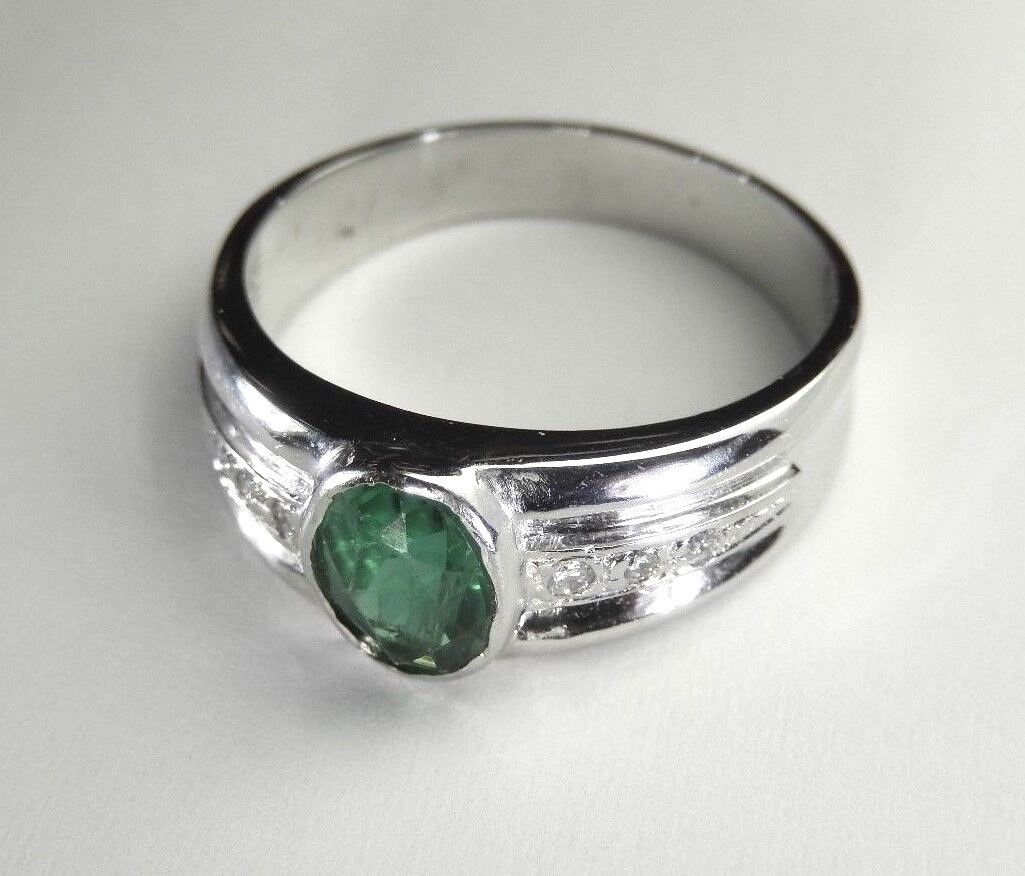 Lab Created Emerald & Round Diamond Bezel Set Ring 14k White Gold Size 7.5