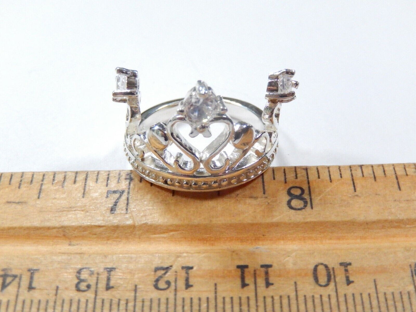 LARGE 925 Sterling Silver Three C Z Heart Crown Design Wide Ring Size 8.25