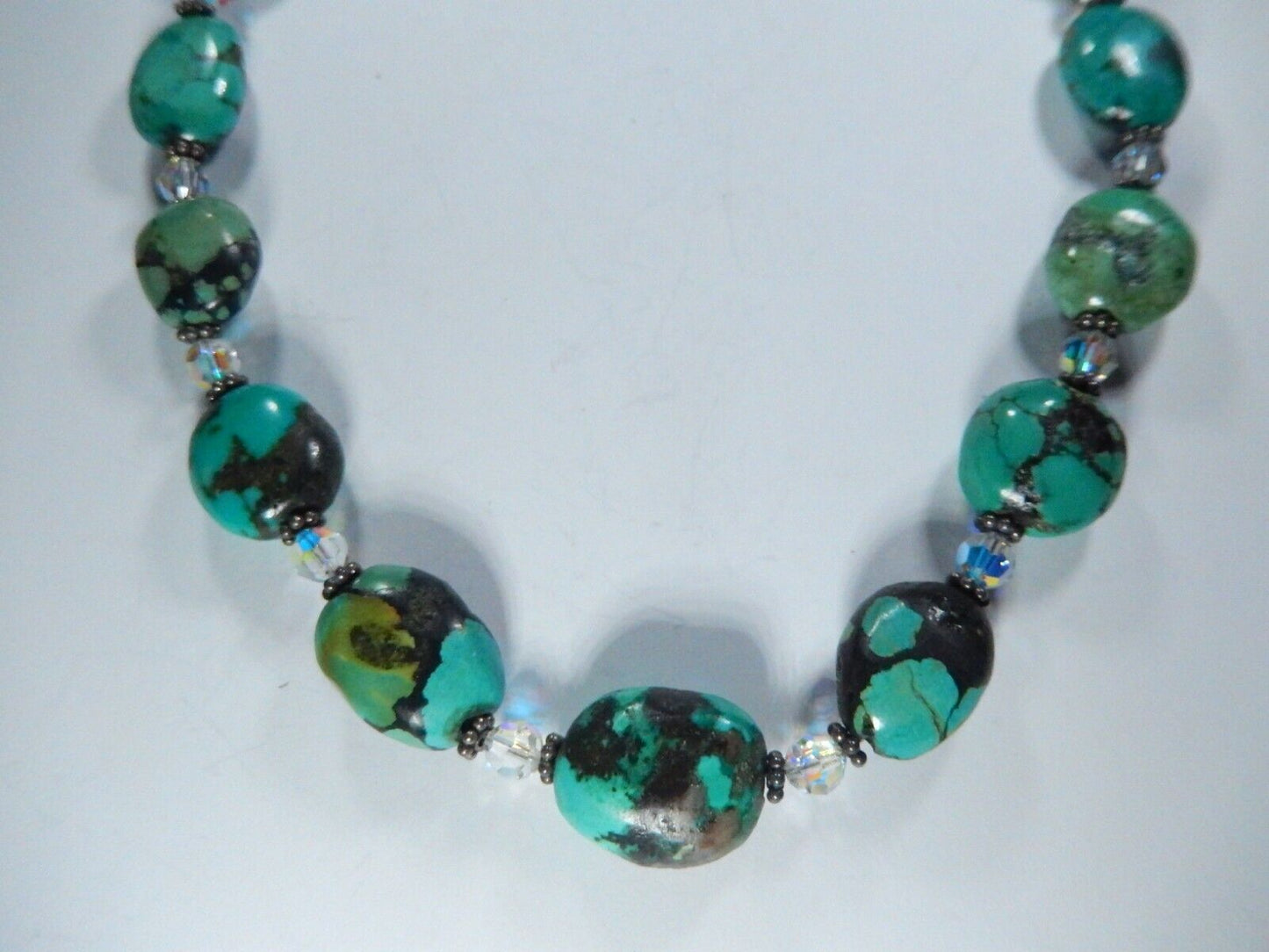 Natural Turquoise Beads With Crystal Beads Handmade Necklace 17"