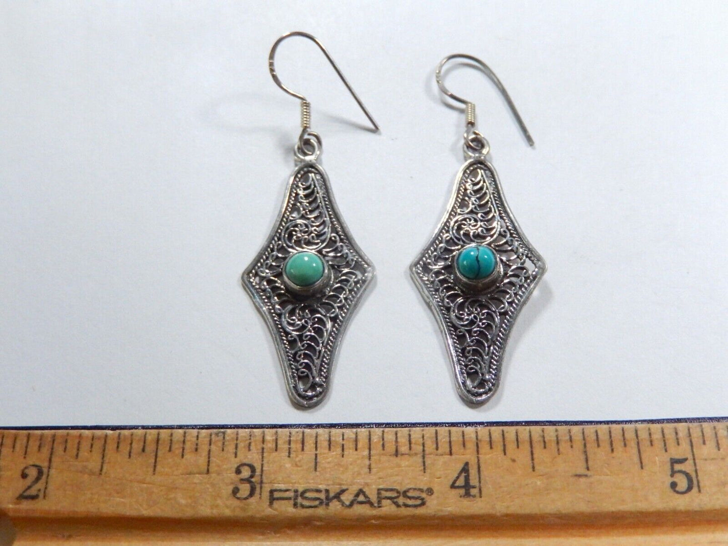 Southwest Style Sterling Silver Turquoise Filigree Dangle Wire Earrings