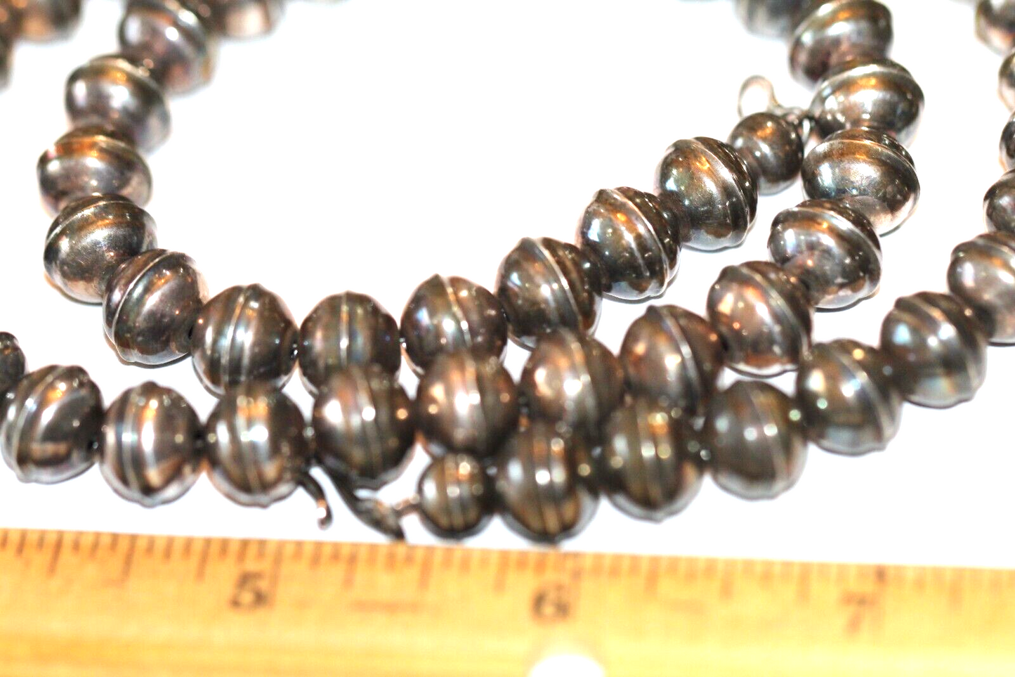 22"- 11mm NAVAJO Pearl BENCH BEAD NECKLACE Darker Vintage Old Oxidized STERLING