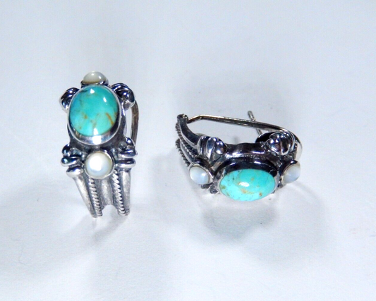 Southwestern Sterling 925 Silver Turquoise & Mother of Pearl Lever Back Earrings
