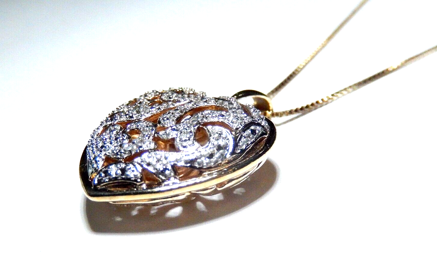 VINTAGE Gold Vermeil 925 Filigree Puffed Heart Diamond Pendant w18 Chain