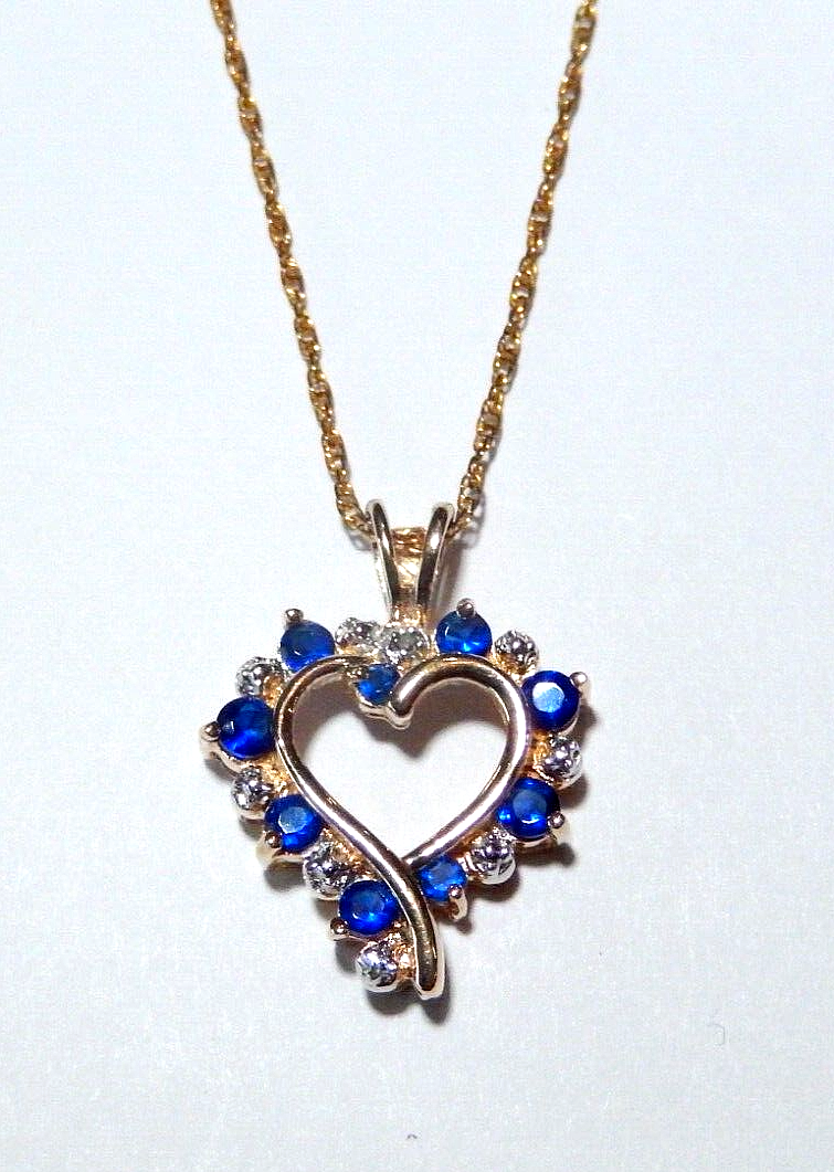 NEW Gold Vermeil 925 Sapphires Diamond Heart Pendant w18 Vermeil Chain