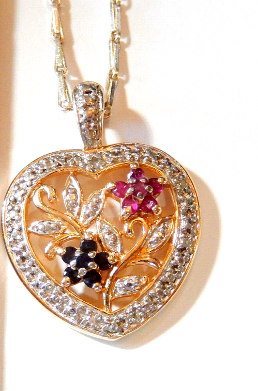 Ross Simons Gold Vermeil Rubies  Sapphires  Diamond Heart Pendant w 18 Chain