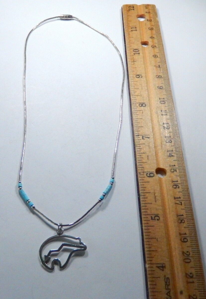 *VINTAGE* Sterling Liquid Silver Turquoise Bead & .925 Bear Pendant Necklace 16"