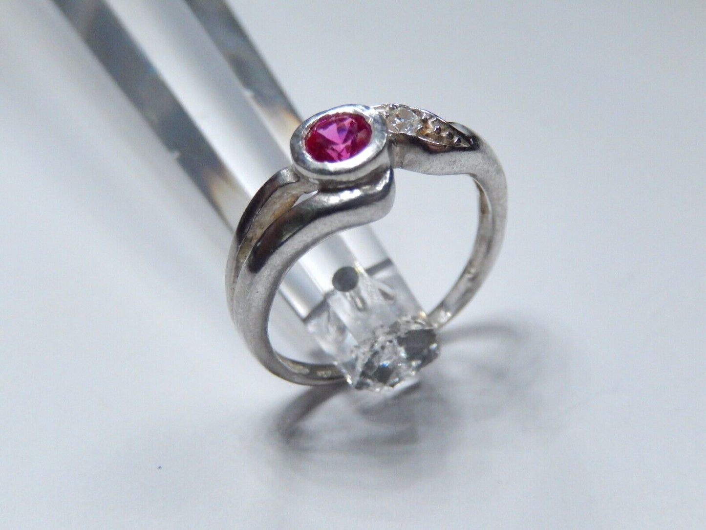 *VINTAGE* STERLING SILVER LAB CREATED RUBY AND CLEAR CZ RING SIZE 6.5