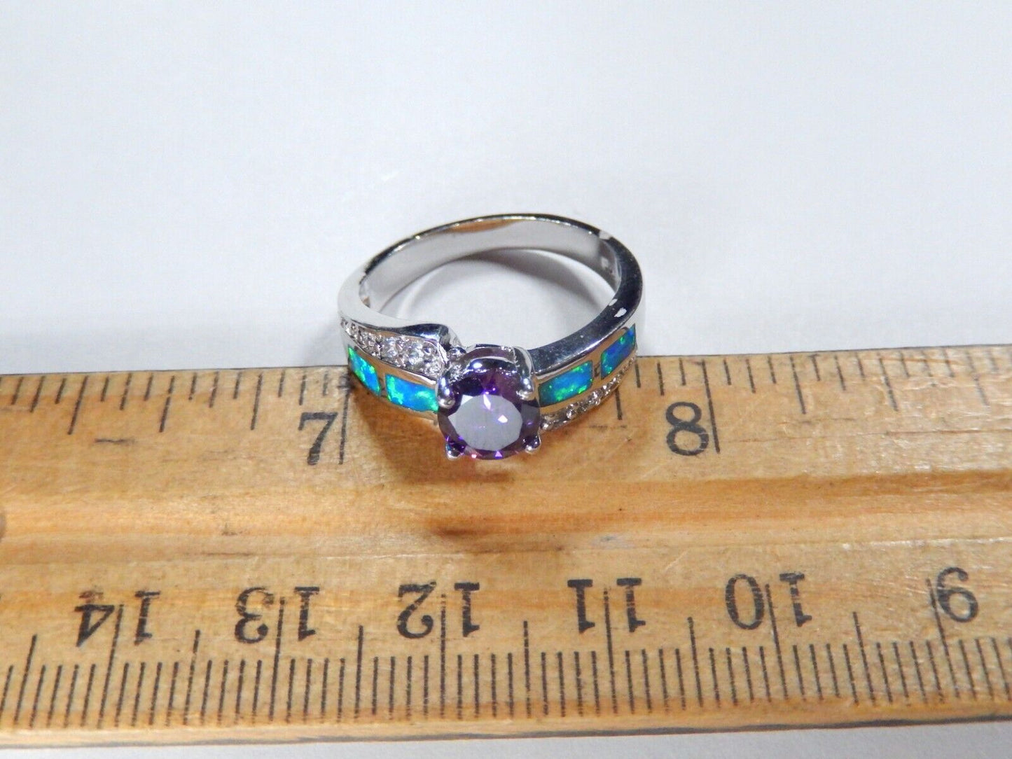 Amethyst & Blue Fire Opal Inlay with CZ Accents 925 Sterling Silver Ring sz 8.5