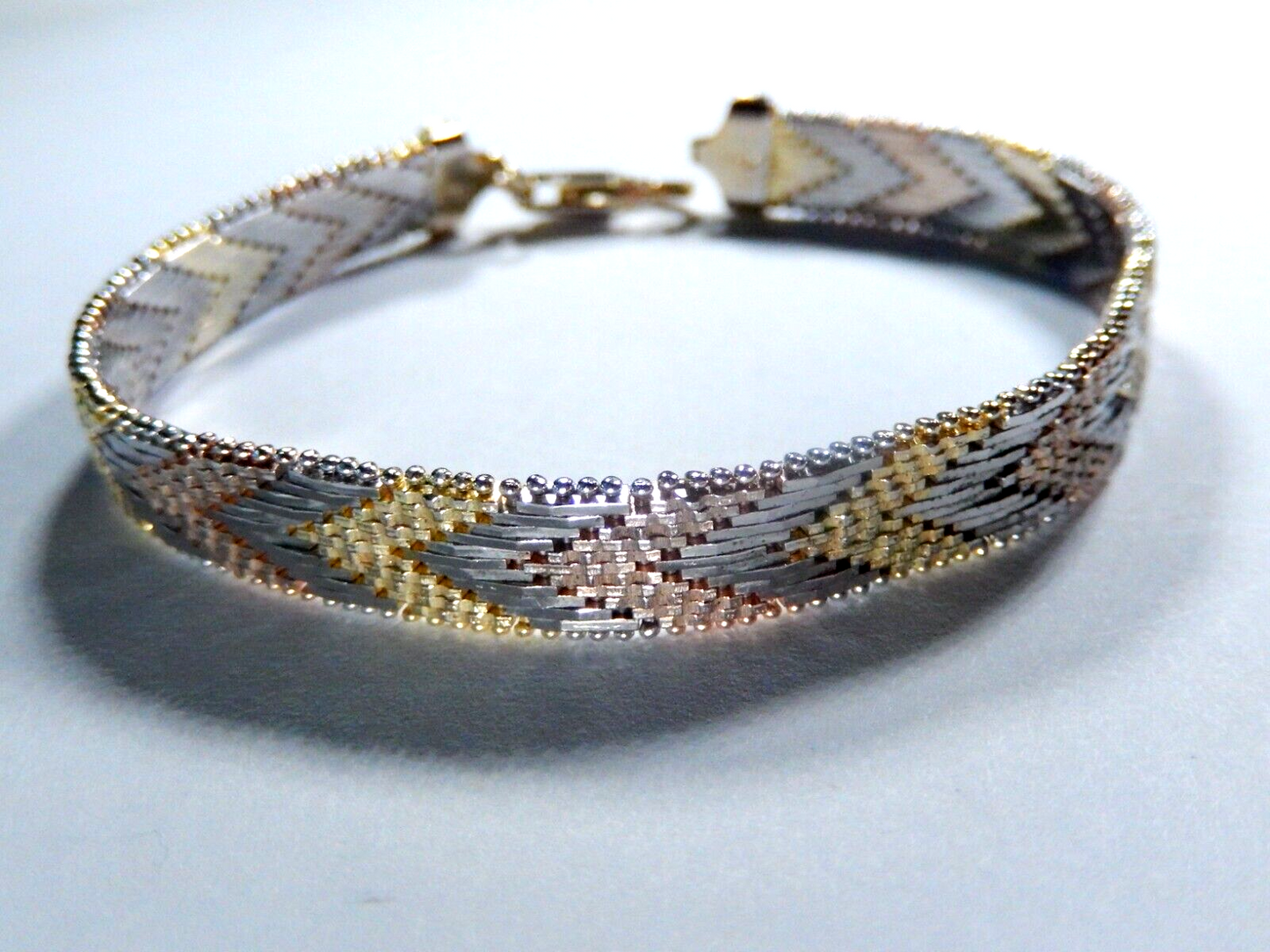 Sterling Silver 925 Tri-Color Chevron Italy Bracelet 9mm Wide 24.4 gm 7.75"