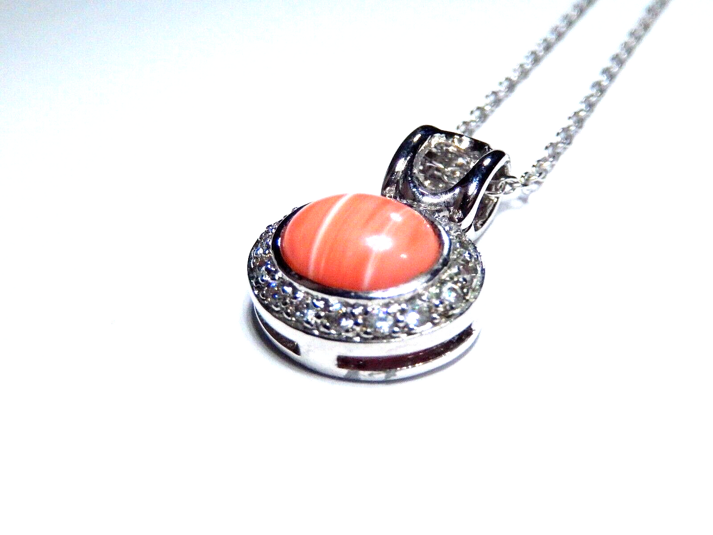 925 Sterling Silver Oval 8x10mm Pink Coral with 23 CZ's Halo Pendant & 18" Chain