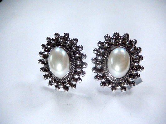 TAXCO 925 Sterling Silver Mexico Faux Pearl Clip On Earrings