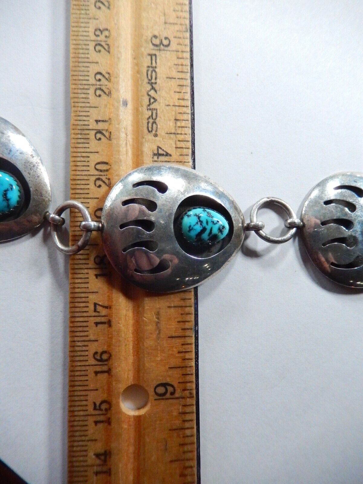 Vintage Navajo 36” Concho Belt / Necklace Sterling Silver Bear Claw Turquoise