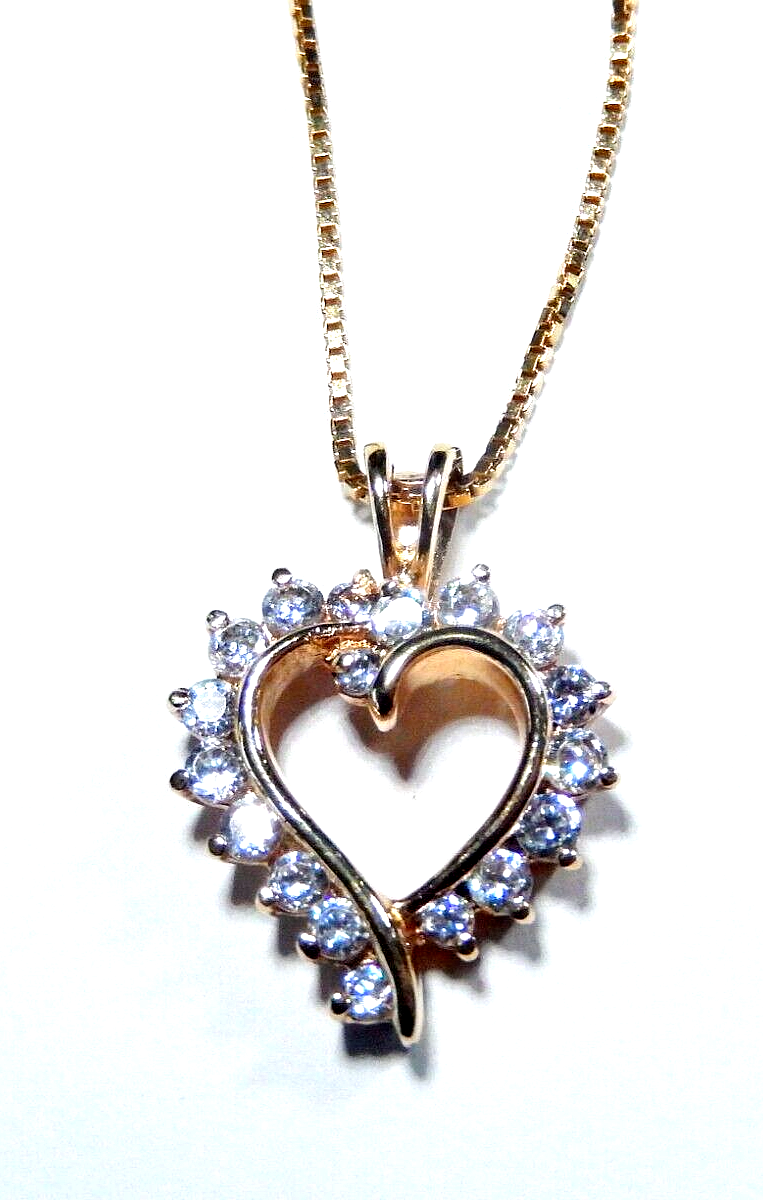 NWT 100CT Gold Vermeil Heart Cubic Zirconia Pendant w 18 Sterling Chain