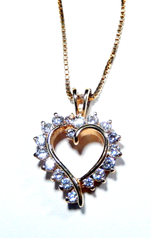 NWT 100CT Gold Vermeil Heart Cubic Zirconia Pendant w 18 Sterling Chain