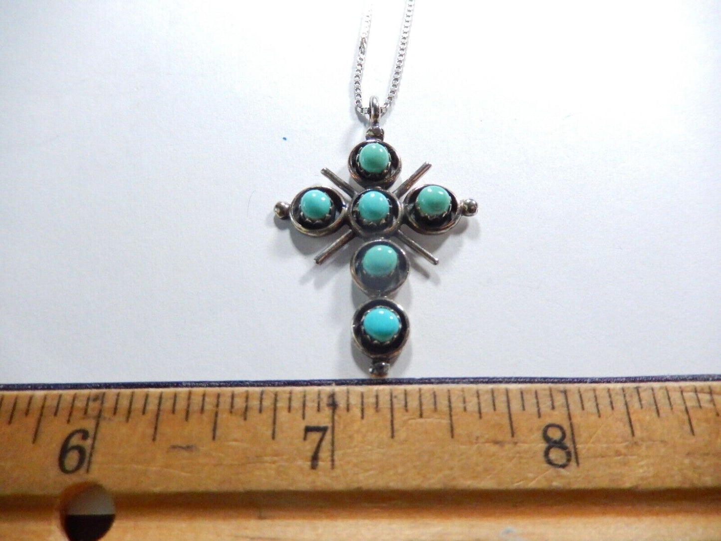 *VINTAGE*  Zuni Artist "HM" Sterling Silver Turquoise Cross Pendant w/20" Chain