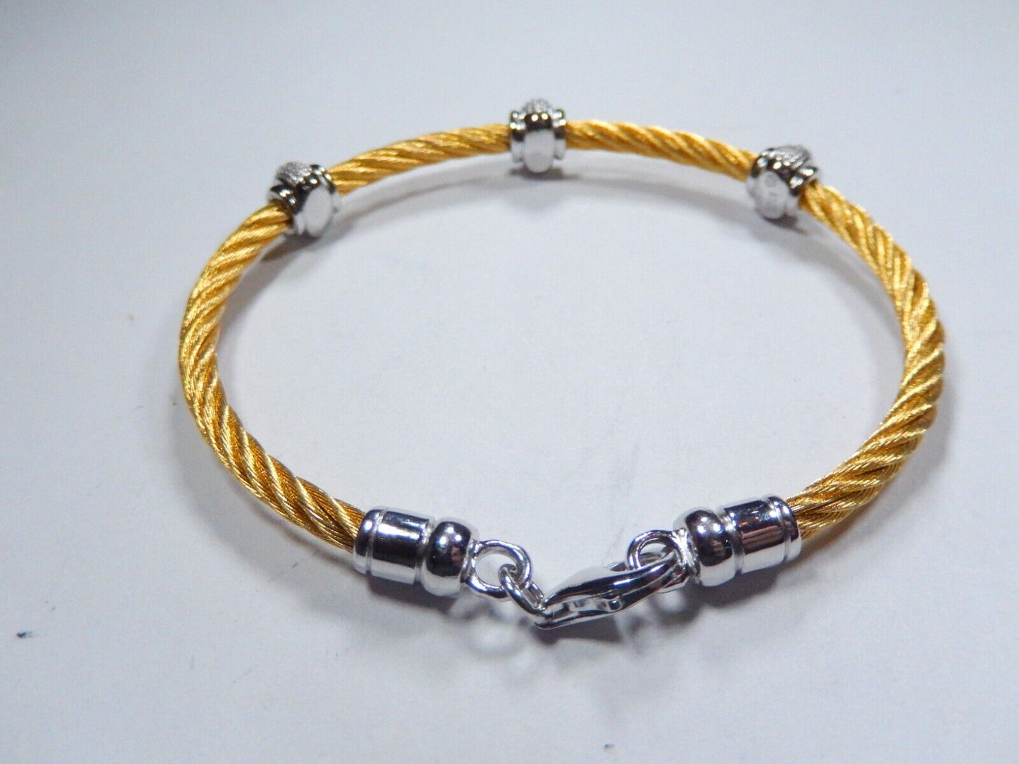 Sterling Silver / Gold Tone Stainless Steel Diamond Twist Bead Bracelet Size -7"