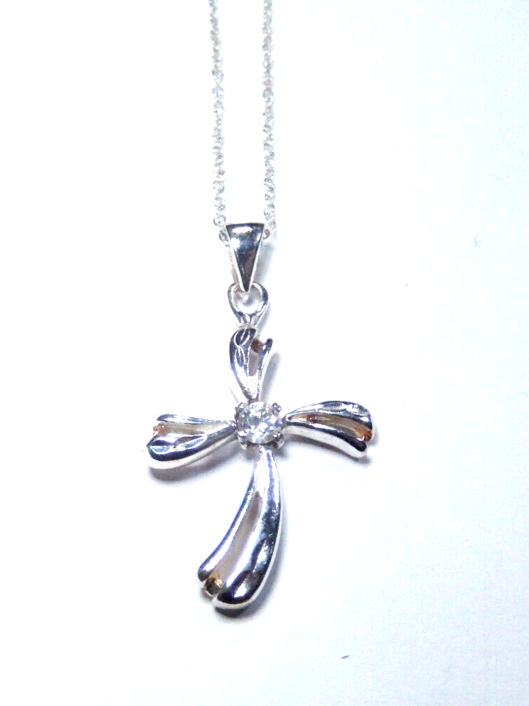 Sterling Silver Freeform Cross CZ Solitaire Pendant w/18" Chain
