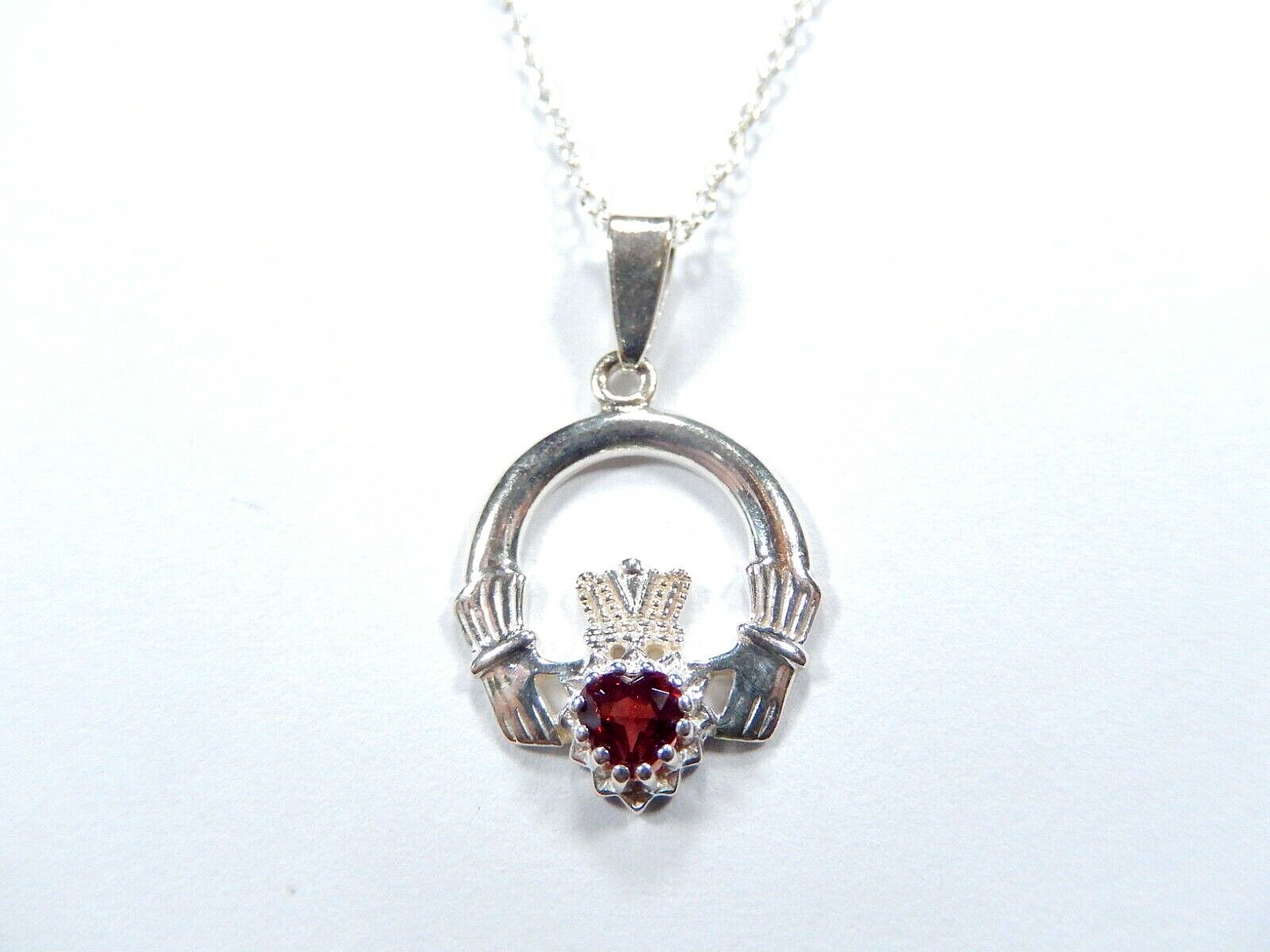 Sterling Silver Irish Claddagh Pendant With Red Garnet w/18" Sterling Chain