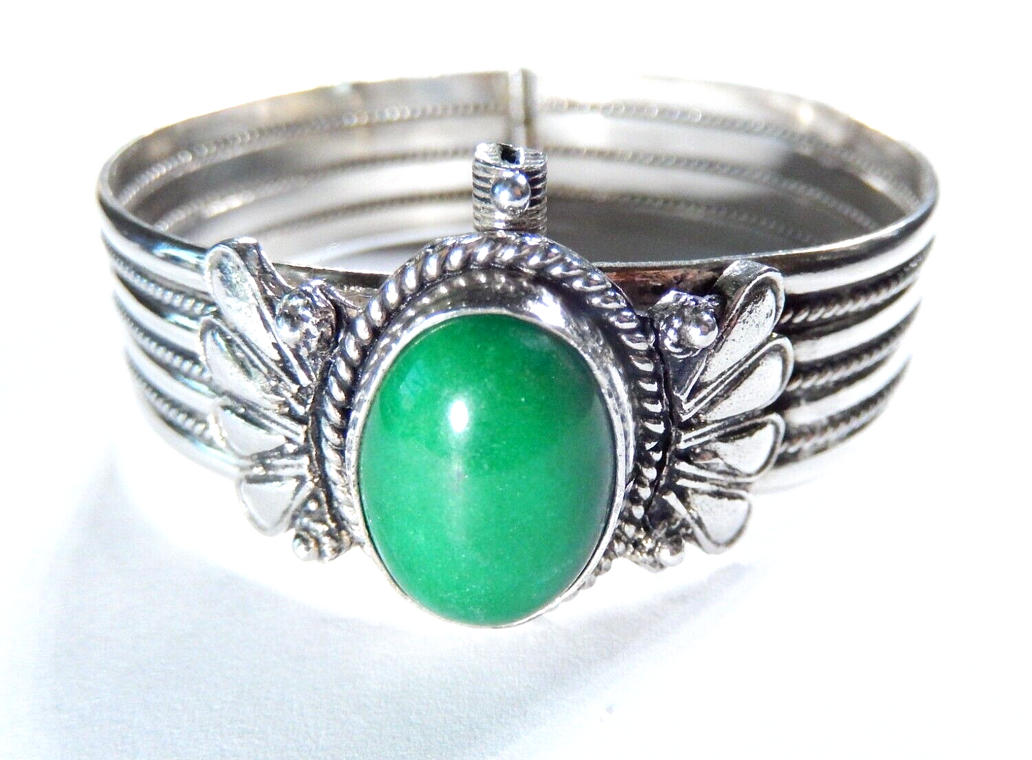 *VINTAGE*  900 SILVER - Green Aventurine Turkoman Boho Hinged Cuff Bracelet 37gm