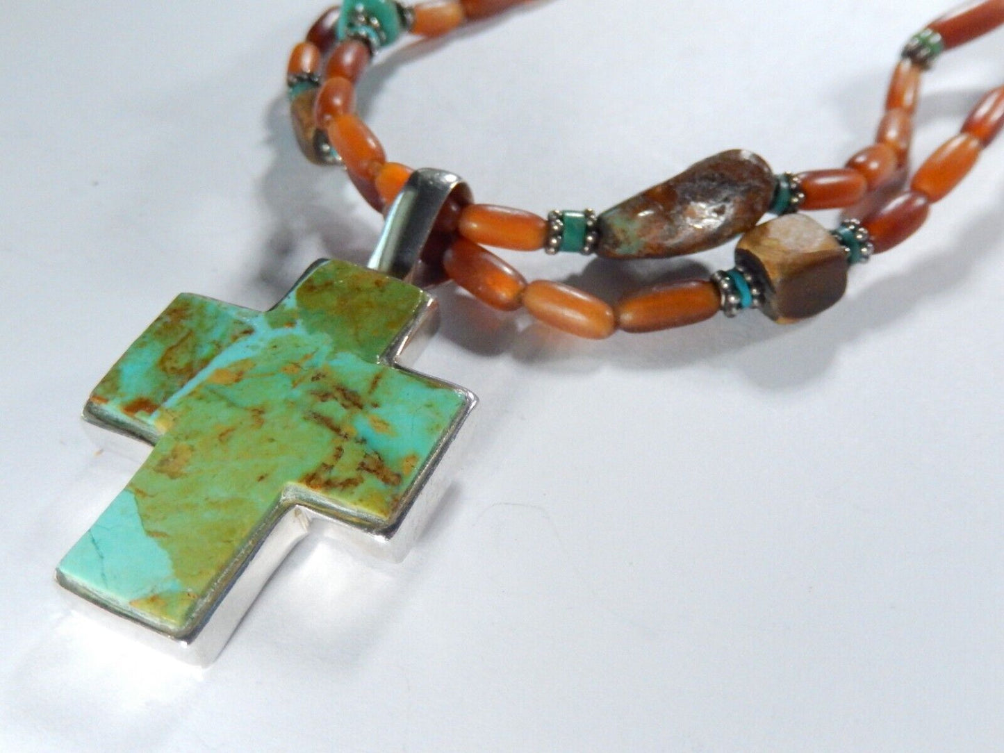 VINTAGE* Southwest Sterling Silver Turquoise Cross Pendant & Beaded 17"Necklace