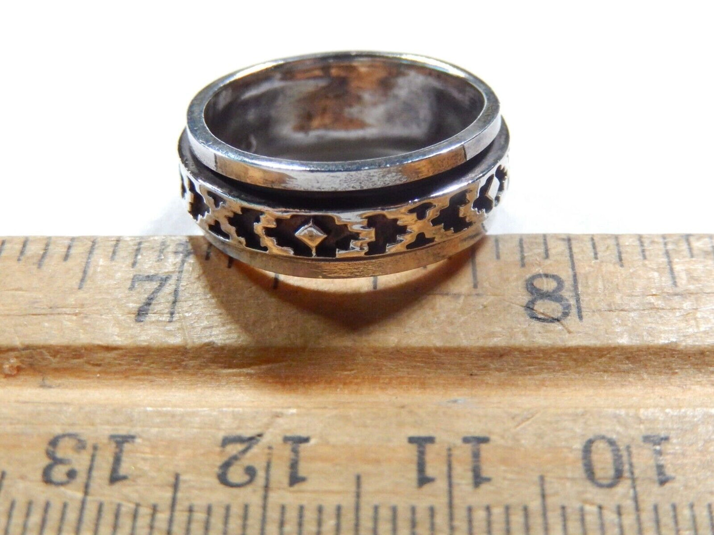 Spinner Ring Southwest Aztec 8 mm Wide Band Sterling Silver  Size 8