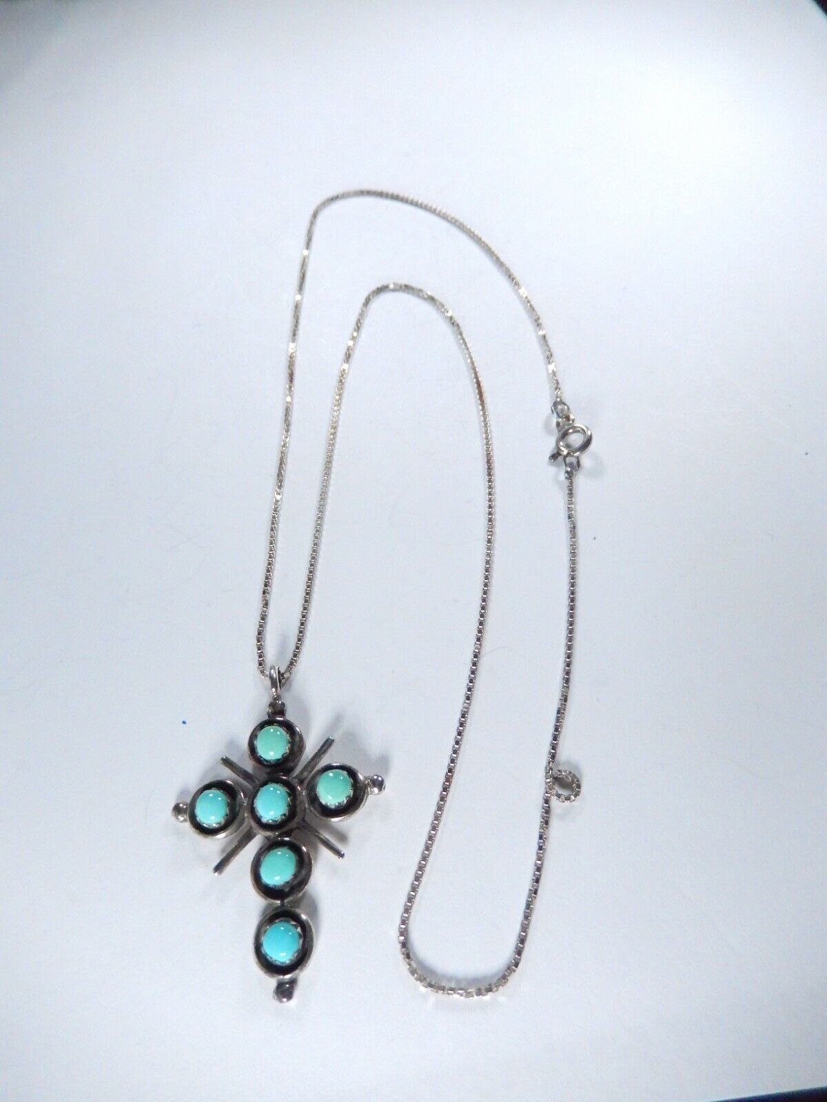 *VINTAGE*  Zuni Artist "HM" Sterling Silver Turquoise Cross Pendant w/20" Chain