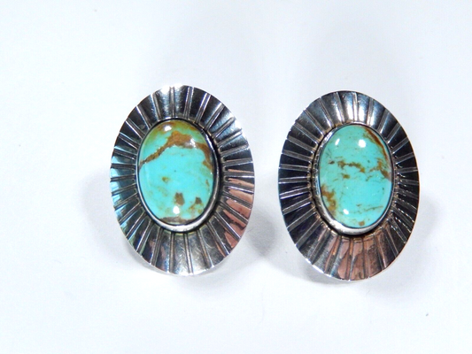 *VINTAGE*  Native American Sterling Silver Turquoise Post Earrings 1" x 3/4"