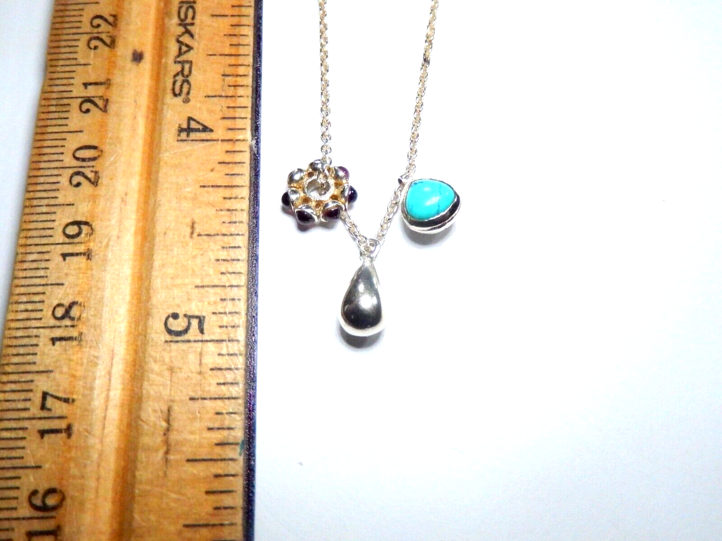 Sterling Silver 3 Bead Turquoise - Garnet-Silver Dangle Pendant 18" Necklace