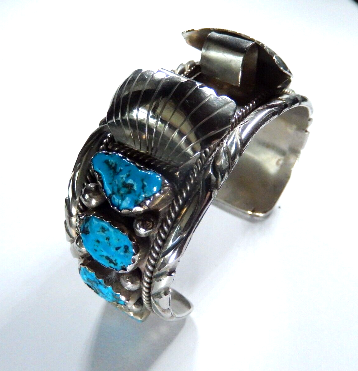 VTG Mens Native American Navajo Sterling Silver Turquoise Watch Cuff Bracelet
