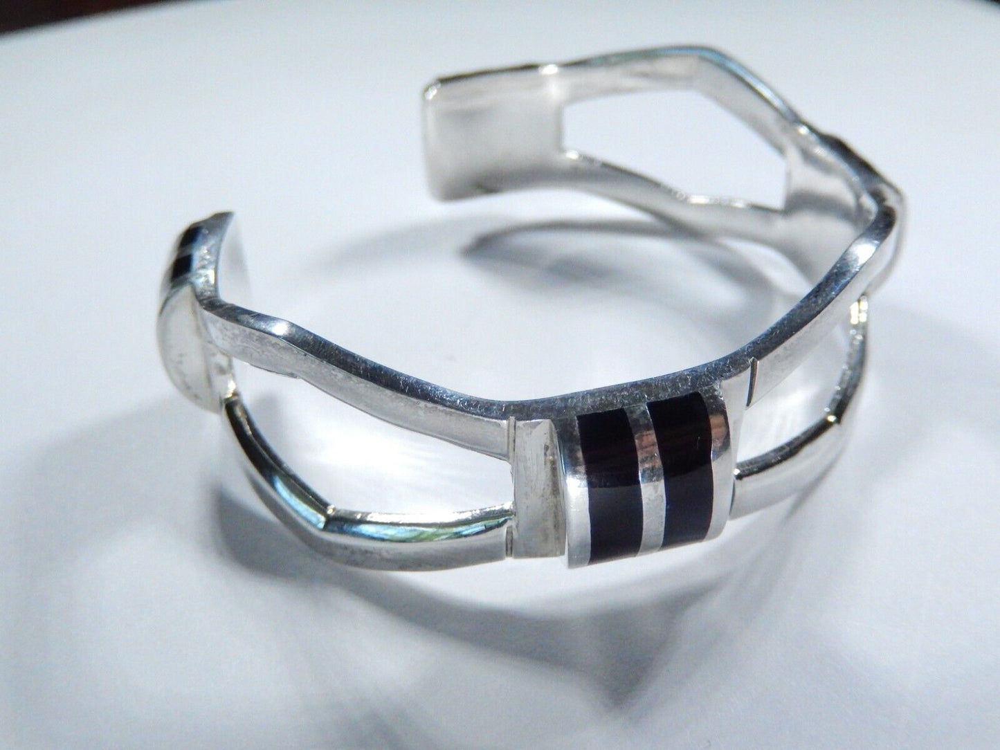 *VINTAGE*  Heavy Sterling Silver Black Onyx Cuff Modernist Retro Bracelet 45 gms