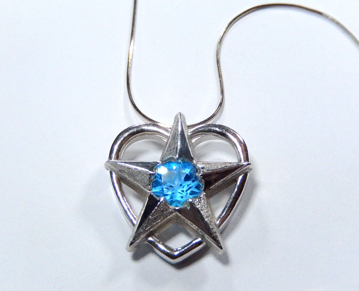 Texas Star & Heart Blue Topaz 925 Sterling Silver Pendant w/ 18" Sterling Chain