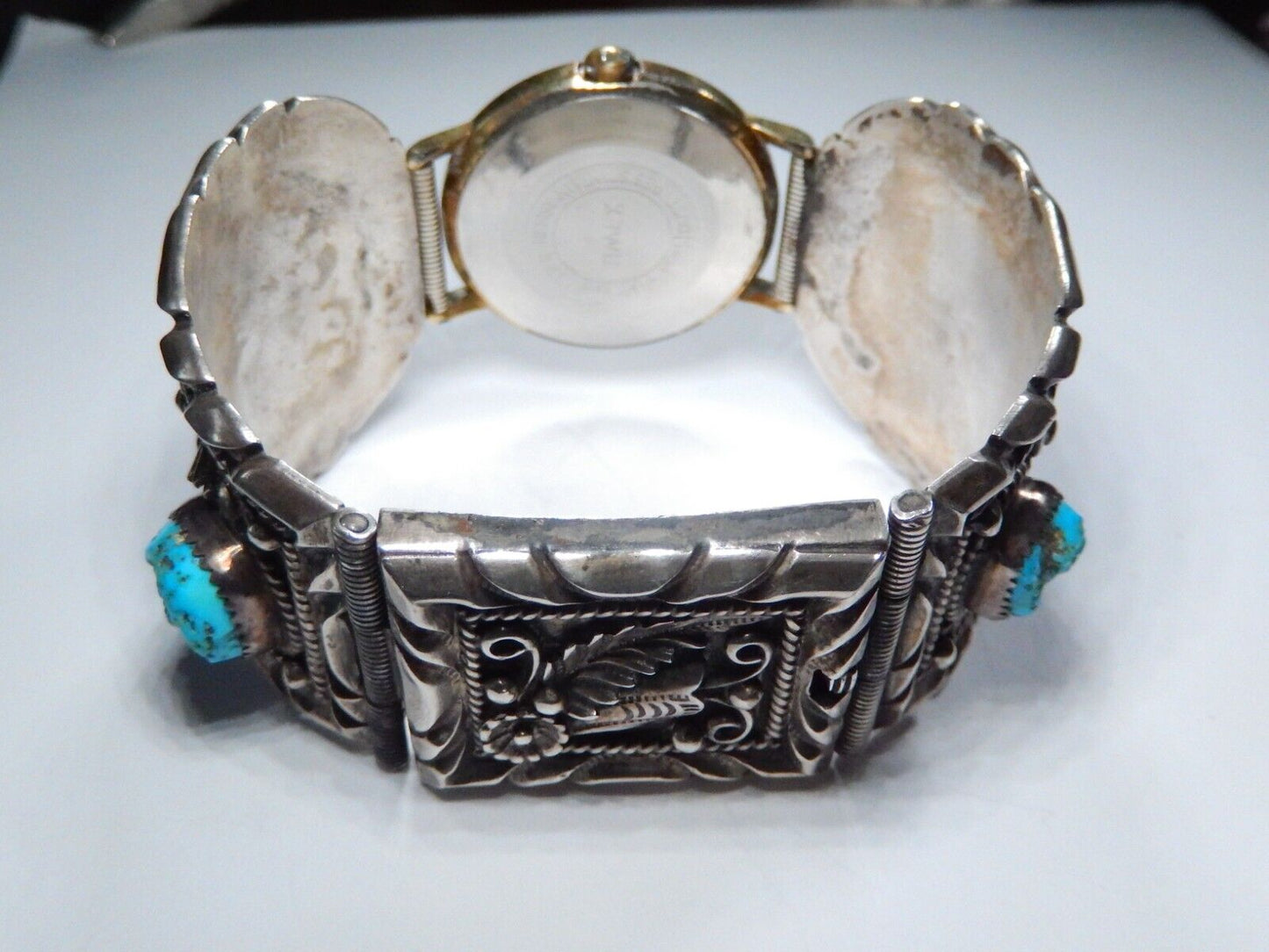 *VINTAGE* Navajo B. Nez Sterling Silver Turquoise Watch Bracelet  116.4 grams