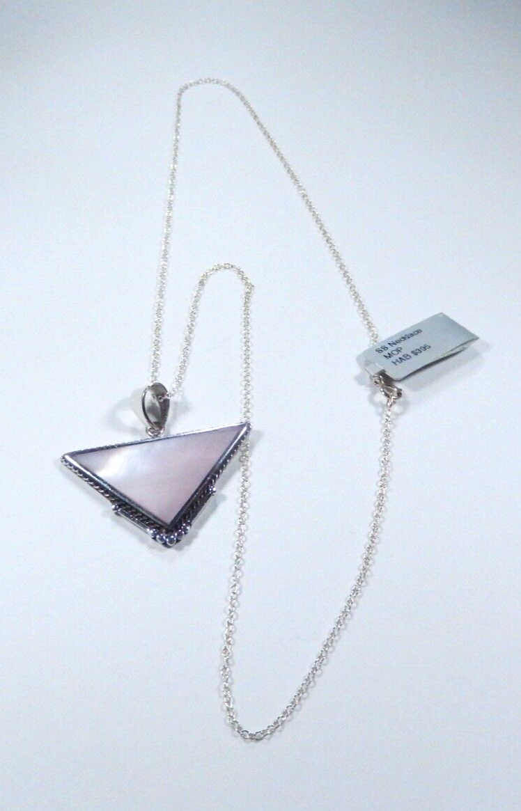 VINTAGE  Sterling Silver  Mother Of Pearl Triangle Pendant w/ 18" Sterling Chain