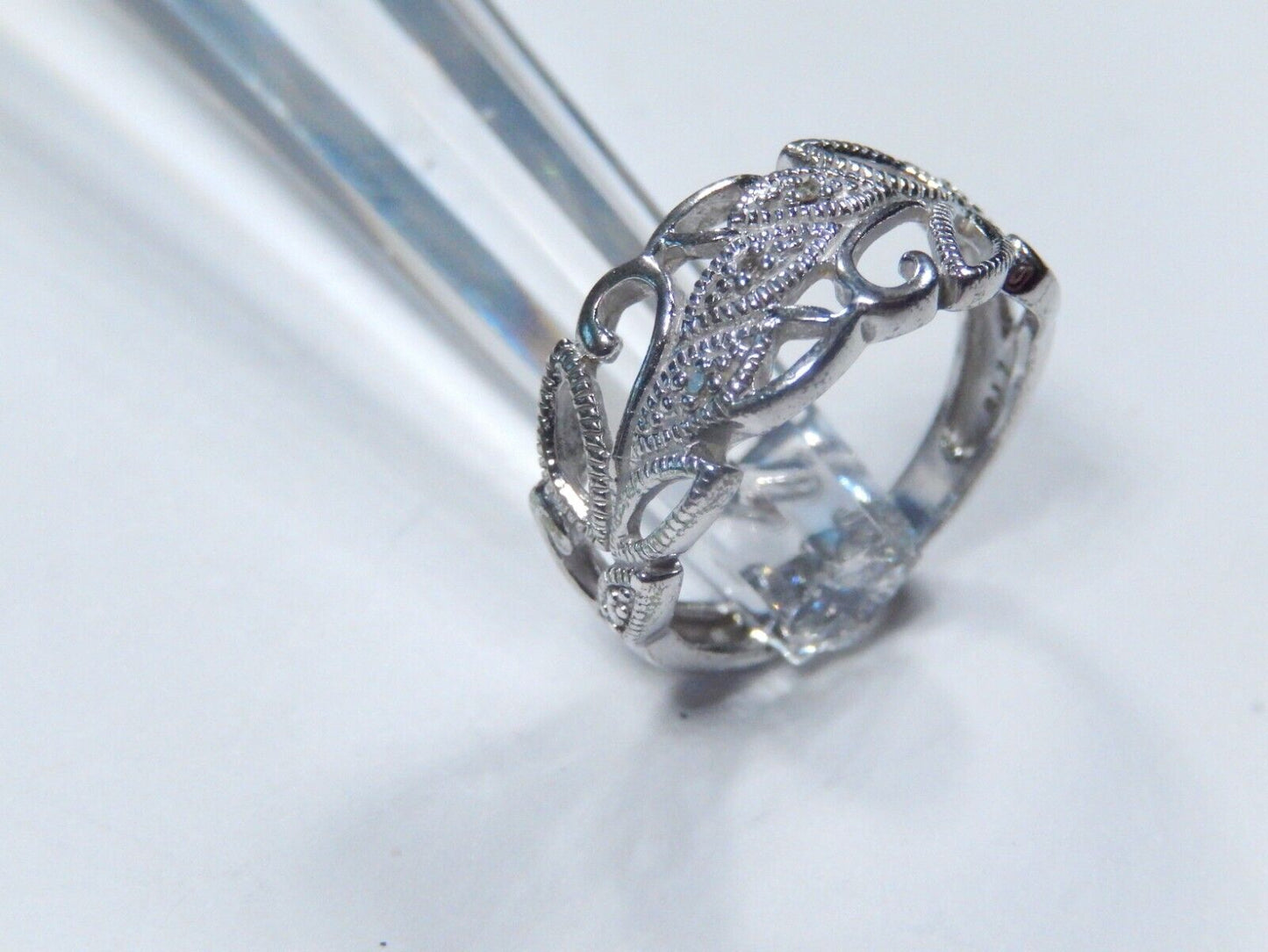 *VINTAGE*  Wedding Engagement Ring Diamond Leaf Motif Sterling Silver Band Sz 7