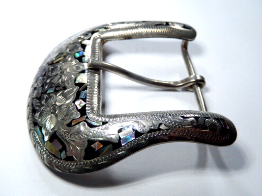 VINTAGE- ALPACA MEXICO SILVER ABALONE / MOTHER OF PEARL INLAY BELT BUCKLE 1-1/2"