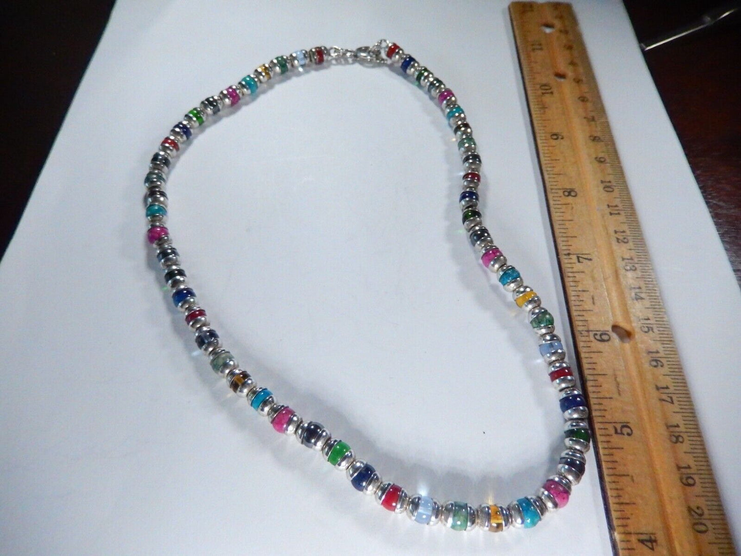 *VINTAGE* Multi Gemstone Beads w/ Sterling Bead Caps &Toggle Clasp Necklace 20"
