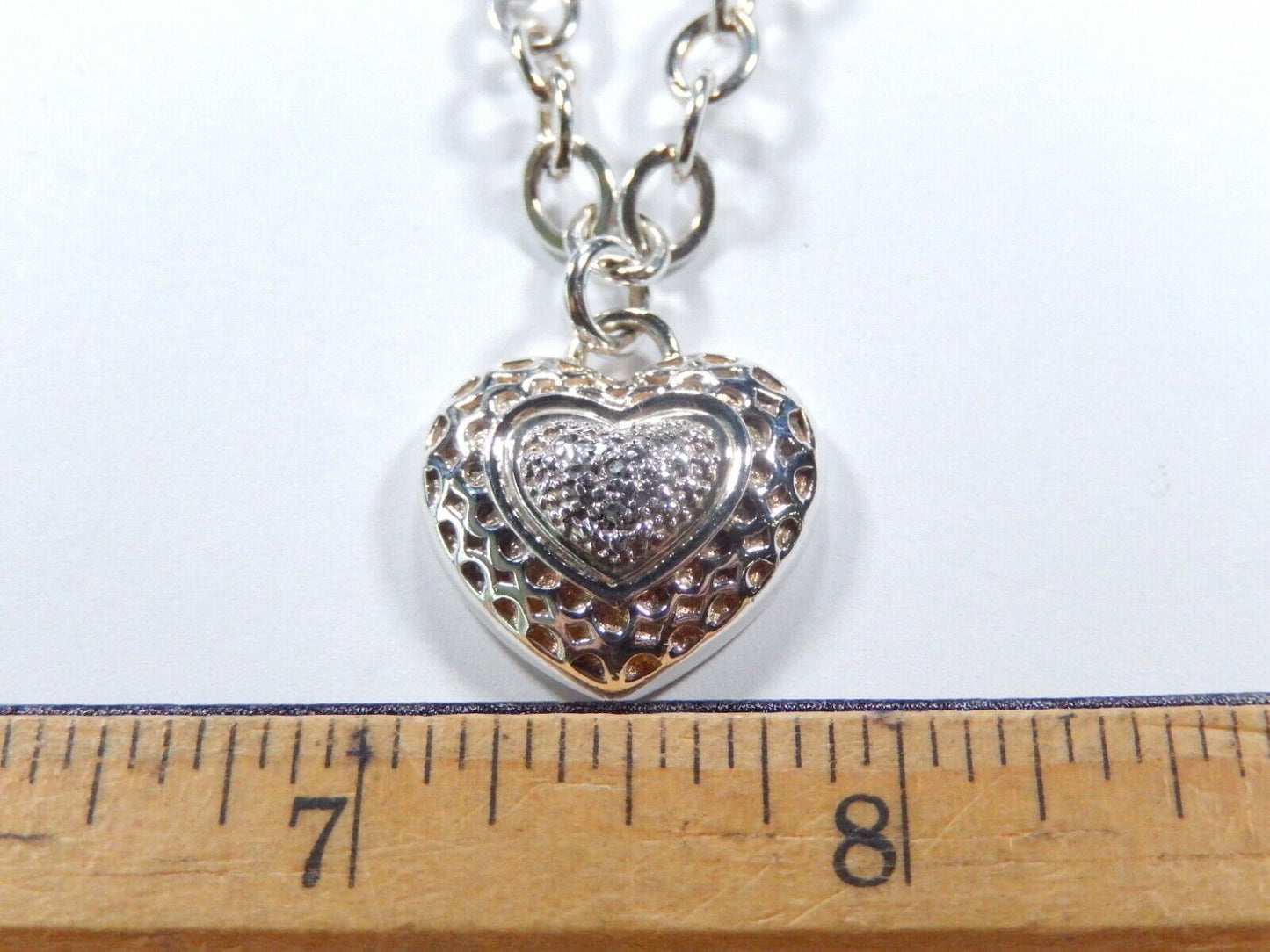 Sterling Silver Signed V 925 Diamond Cluster Heart Pendant w/Heavy Rolo Chain