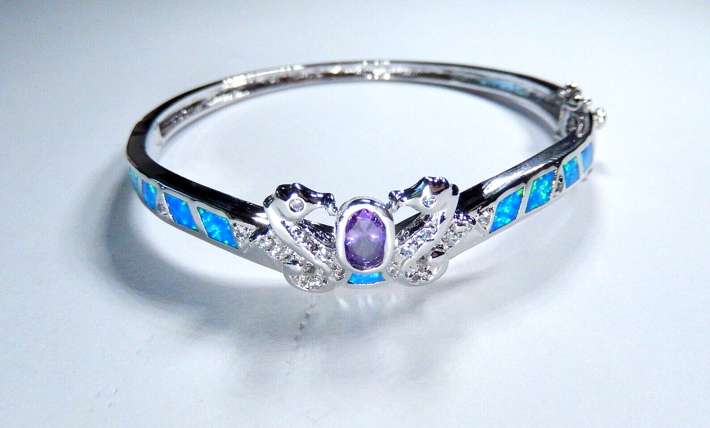 Amethyst & Australian Opal Inlay 925 Sterling Silver Bangle Bracelet