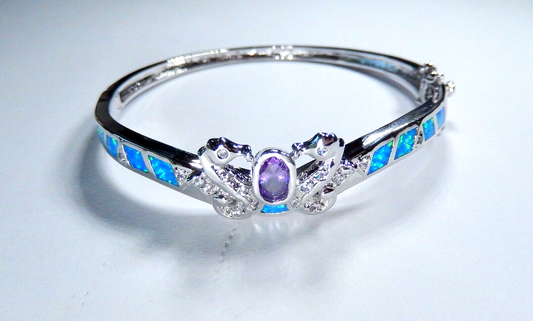 Amethyst & Australian Opal Inlay 925 Sterling Silver Bangle Bracelet